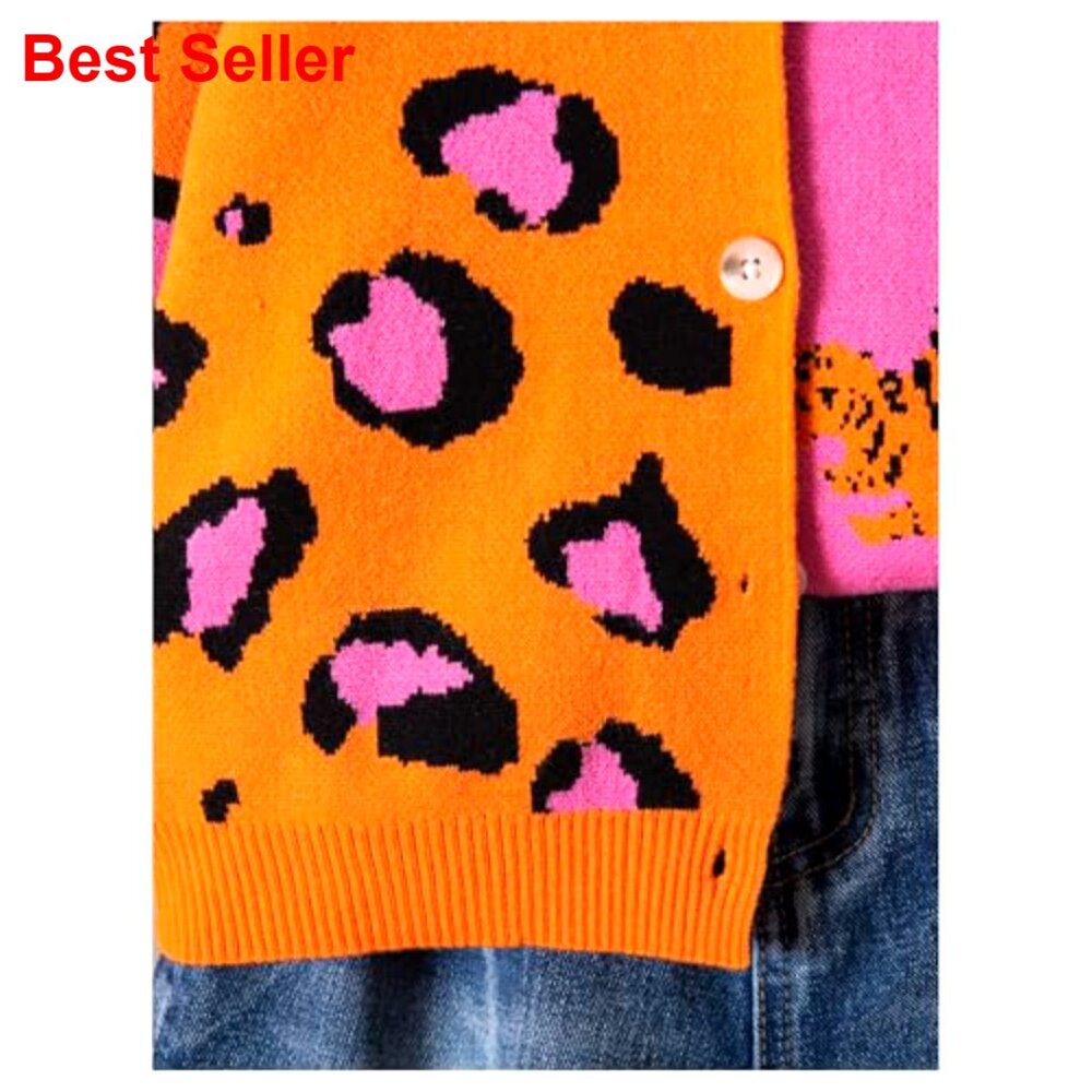 Girls Leopard Print Cardigan Sweater V Neck Button Down Fall Kids Size 4Y-7Y - Picture 3 of 5